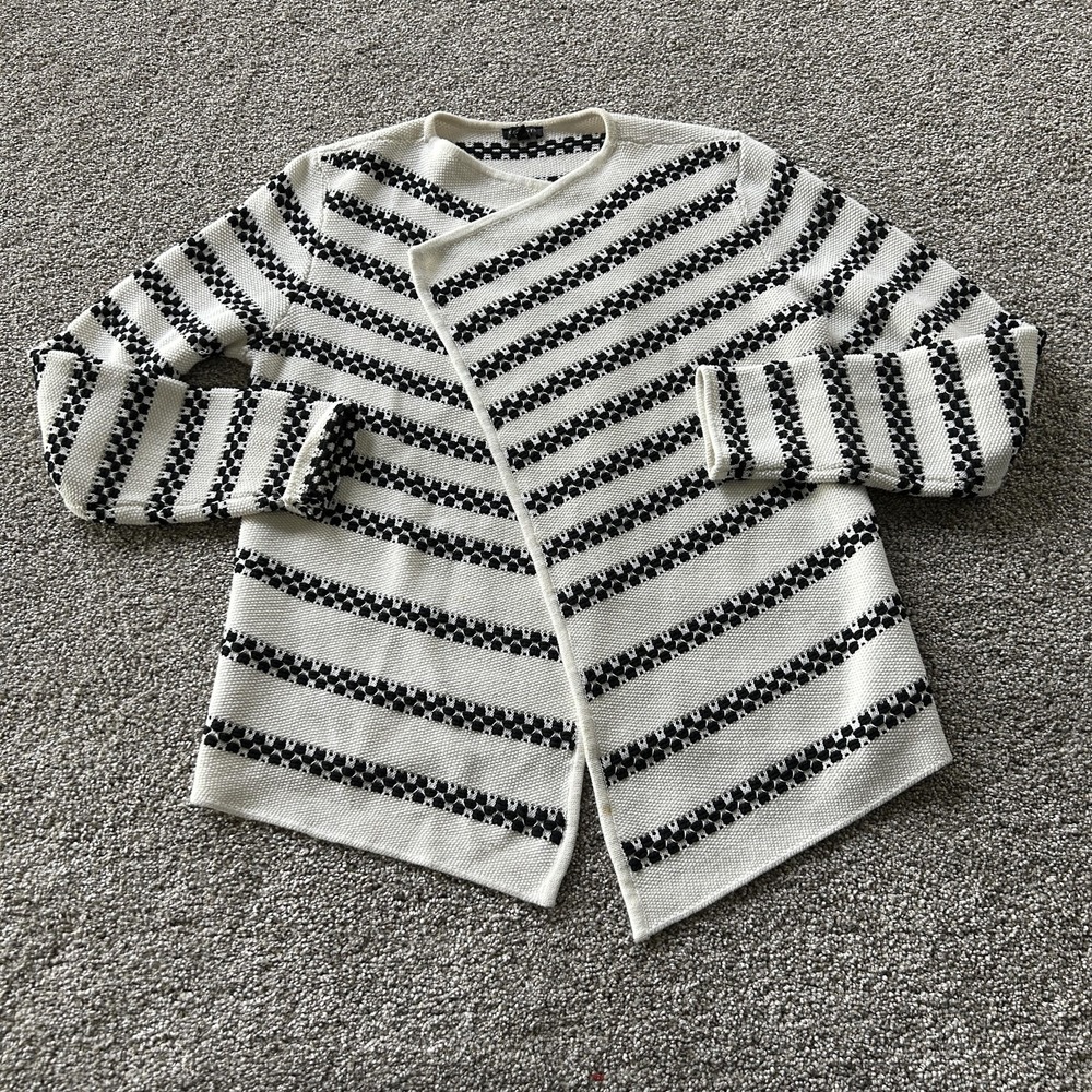 Talbots Cardigan Sweater Womens M White Black Striped Open Front Knit Crew Neck